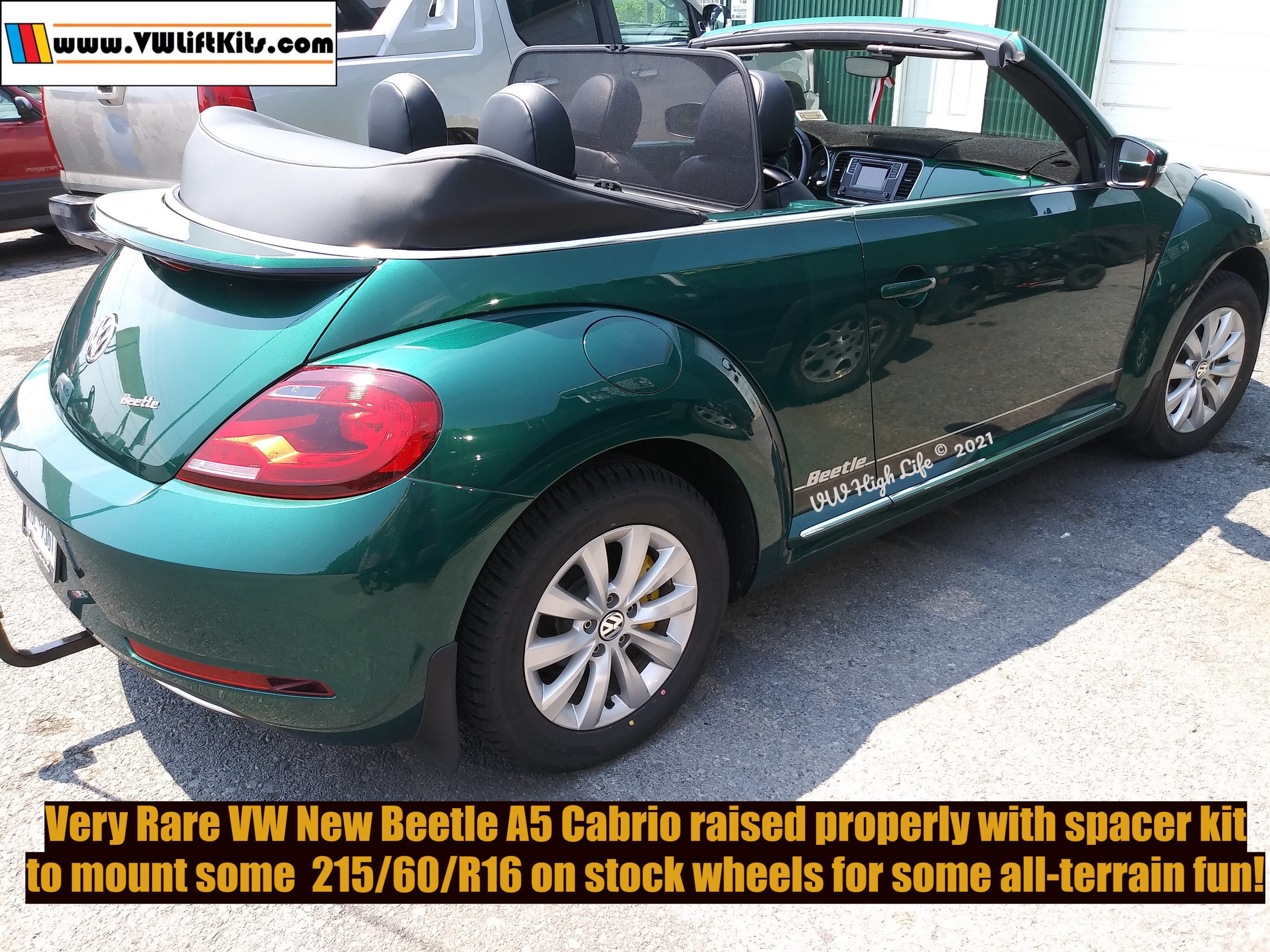 Volkswagen New Beetle A5 Convertible lifted properly for all terrain tires.